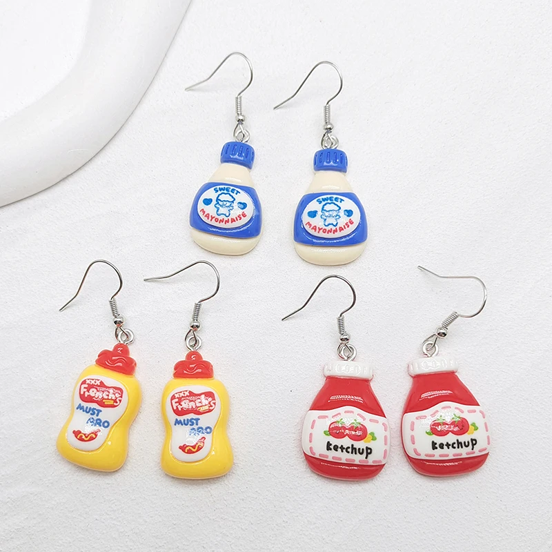 Resin Simulation Sauce Bottle Food Drop Earrings Cartoon Creative Funny Ketchup Chocolate Pendant Eardrops Women Gift Jewelry