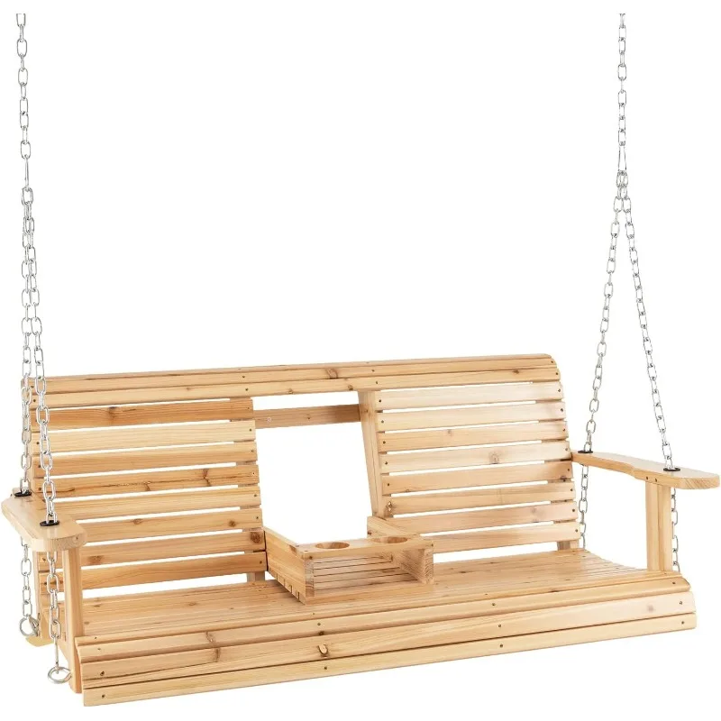 

Outdoor Hanging Porch Swing-2-Seat Wood Swing Bench with Folding Cup Holder and Sturdy Metal Hanging Chains,Outside Swing Chair