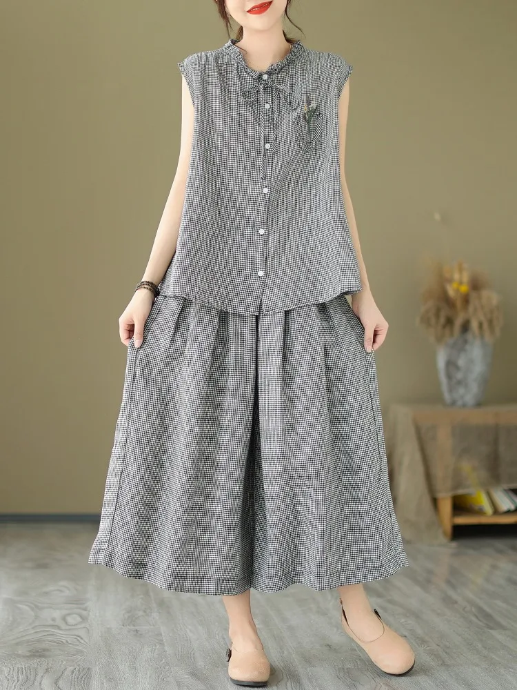 

2024 Women's Summer New 2 Piece Sets Female Loose Sleeveless Plaid Shirt and Wide-leg Skirt Pants Ladies Cotton Linen Suits Z28