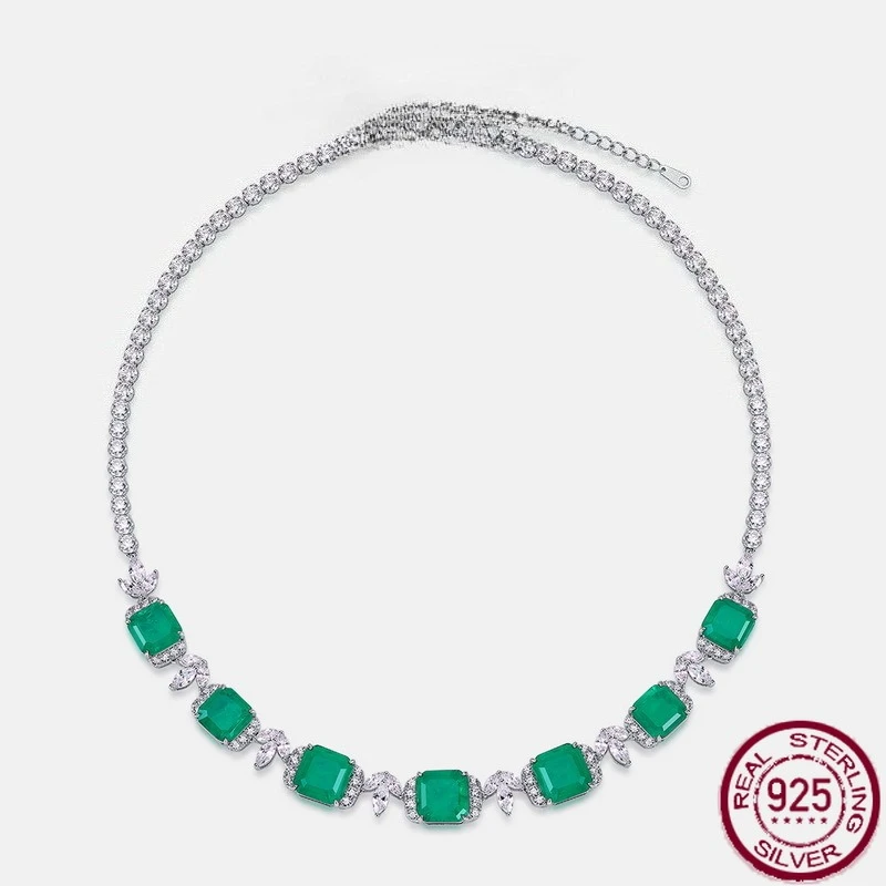 

New S925 pure silver atmospheric light luxury emerald inlaid cultivated red and blue gemstone necklace wedding jewelry