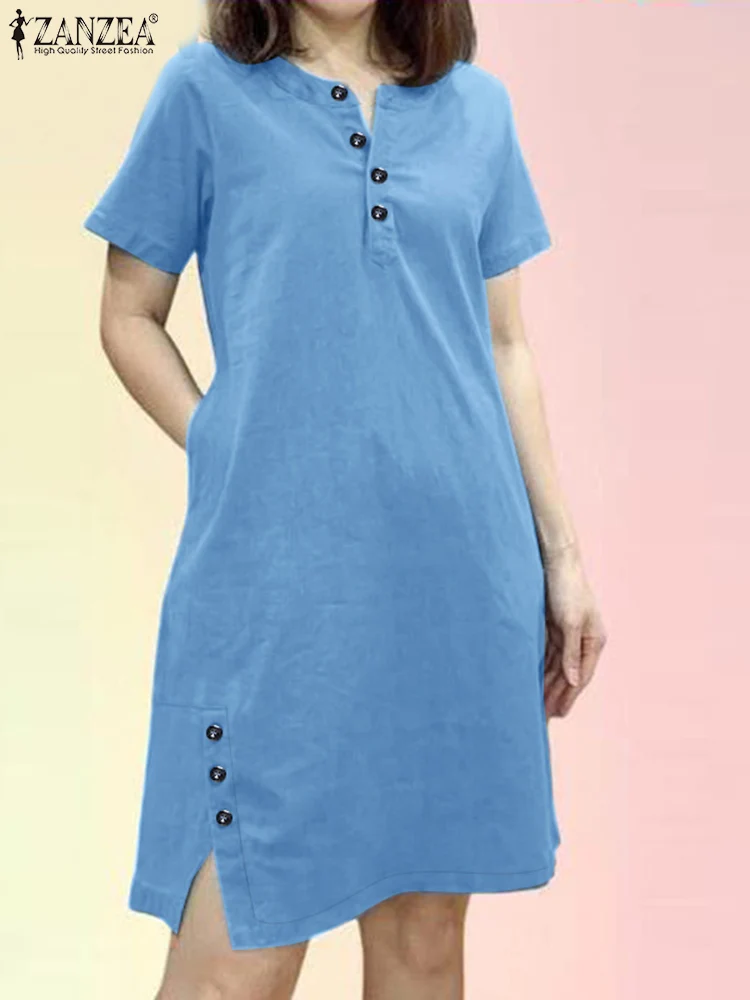 

ZANZEA Casual Commute Fashion Knee-length Dresses Woman Denim-Look O-Neck Short Sleeve Robe Femme Side-Slit 2025 Summer Vestidos