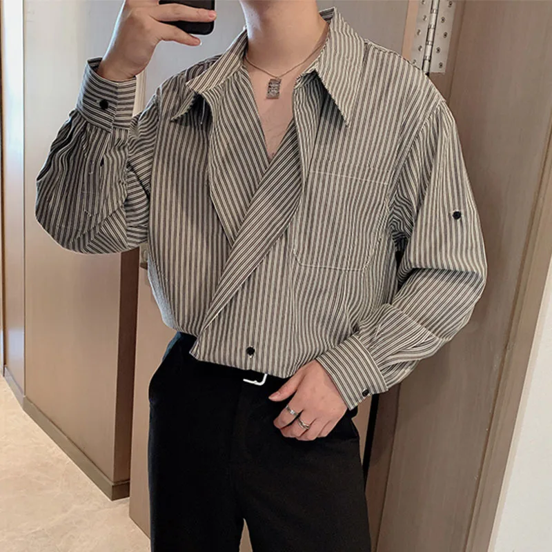 IEFB Menswear Korean Fashion Chic Striped Tops Men\'s New Loose Lapel Single Button Long Sleeve Casual Shirts Tide Autumn 2023