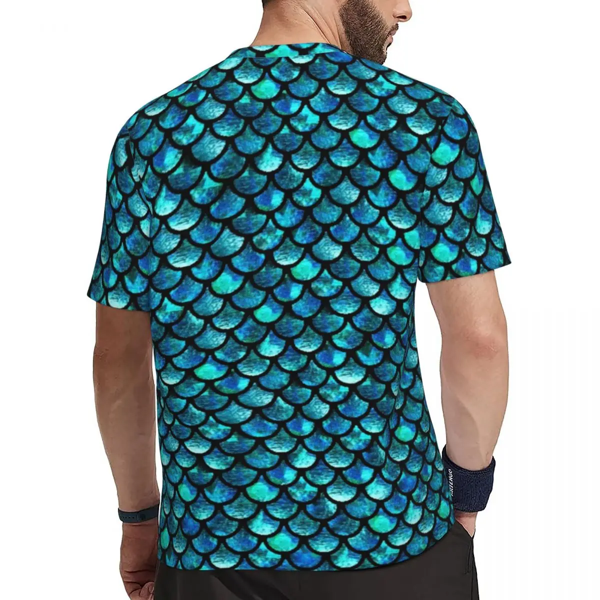 Sportswear T Shirt For Man Mermaid Scales T-Shirts Trending Turquoise Blue Animal Print Beach Tees O Neck Vintage Graphic Tops