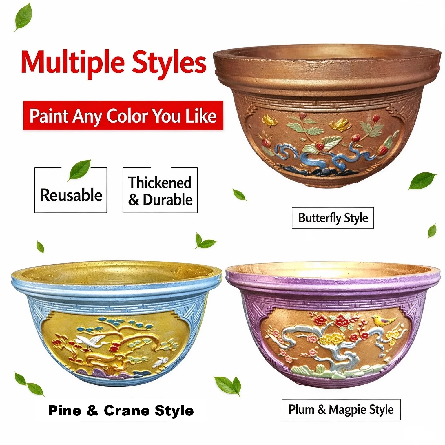 50cm Round Concrete Flower Pot Mold ABS Plastic Reusable DIY Cement Planter Mould Butterfly Pine Crane Plum Magpie Relief Castin