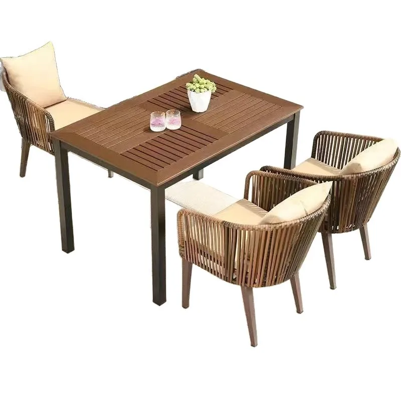 Garden outdoor tables and chairs, villa garden PE woven rattan chairs, leisure terrace anti-corrosion plastic wood table