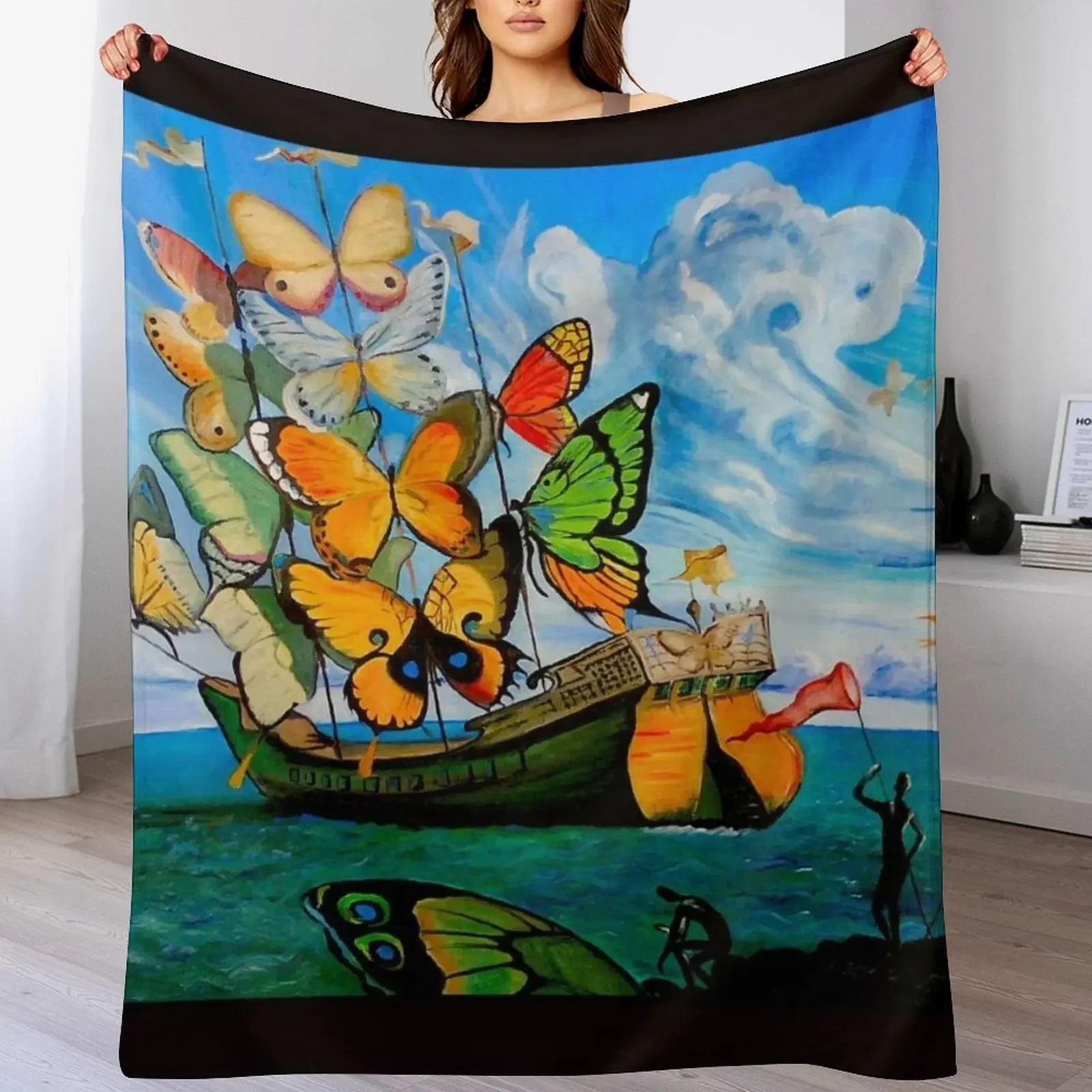

BUTTERFLY SHIP : Vintage Abstract Painting Print Throw Blanket Multi Use Warm Blanket for Living Room Bedroom