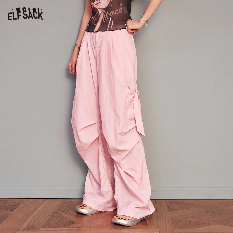 

ELFSACK 2025 Summer New Arrival Sweet Cool Pink Casual Working Wide-Leg Pant Loose Outdoor Wear Straight Pants For Women