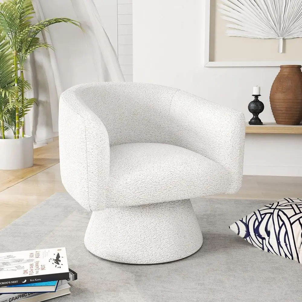 

360 ° Поворотный стул из шерпа с мягкой обивкой — компактное белое кресло с акцентом для гостиных, спален, офисов и гостиных