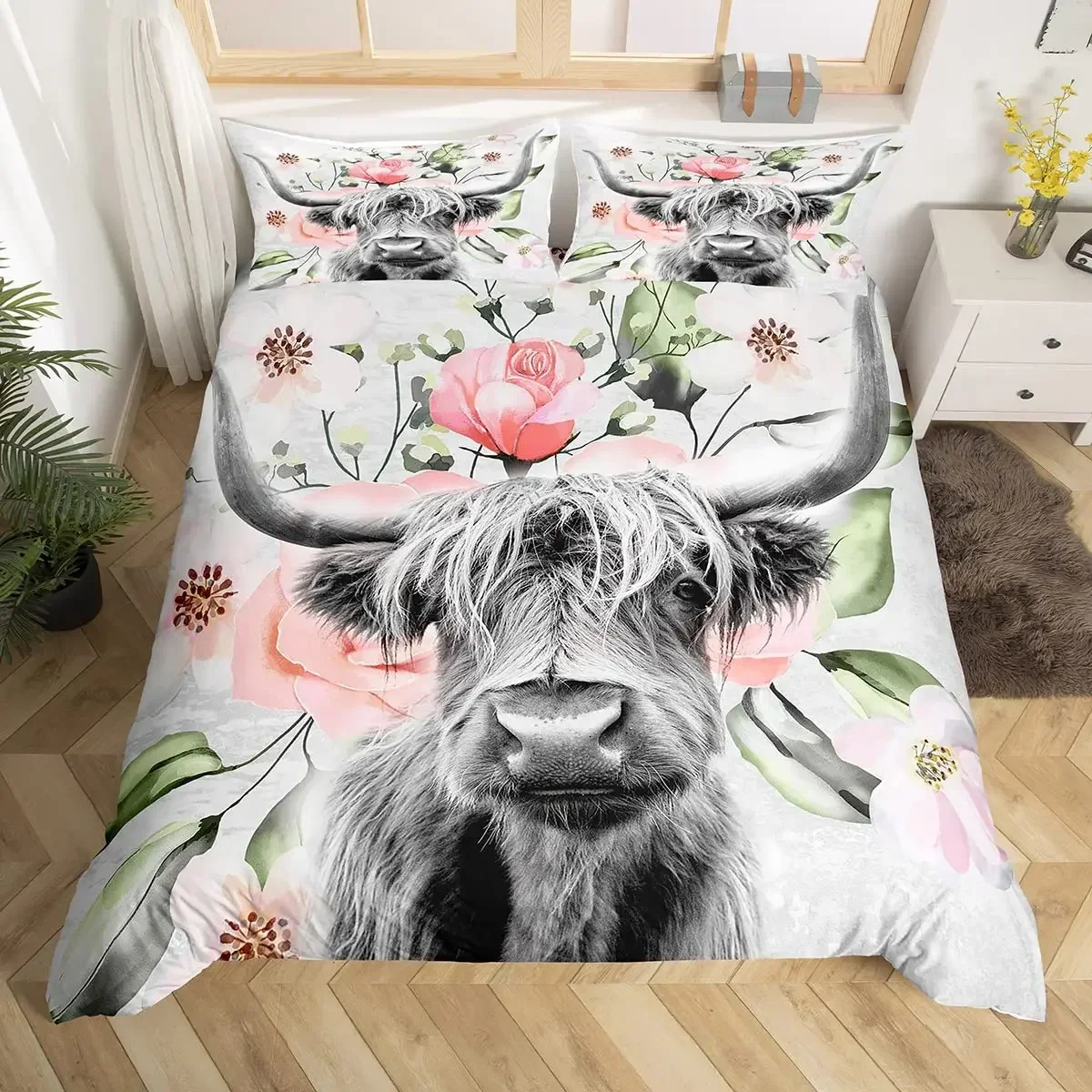 

Highland Cattle Cute Floral Cow Yellow Sunflower Comfortable Duvet Quilt Cover Pillowcase Bedding Set Children Home Textile
