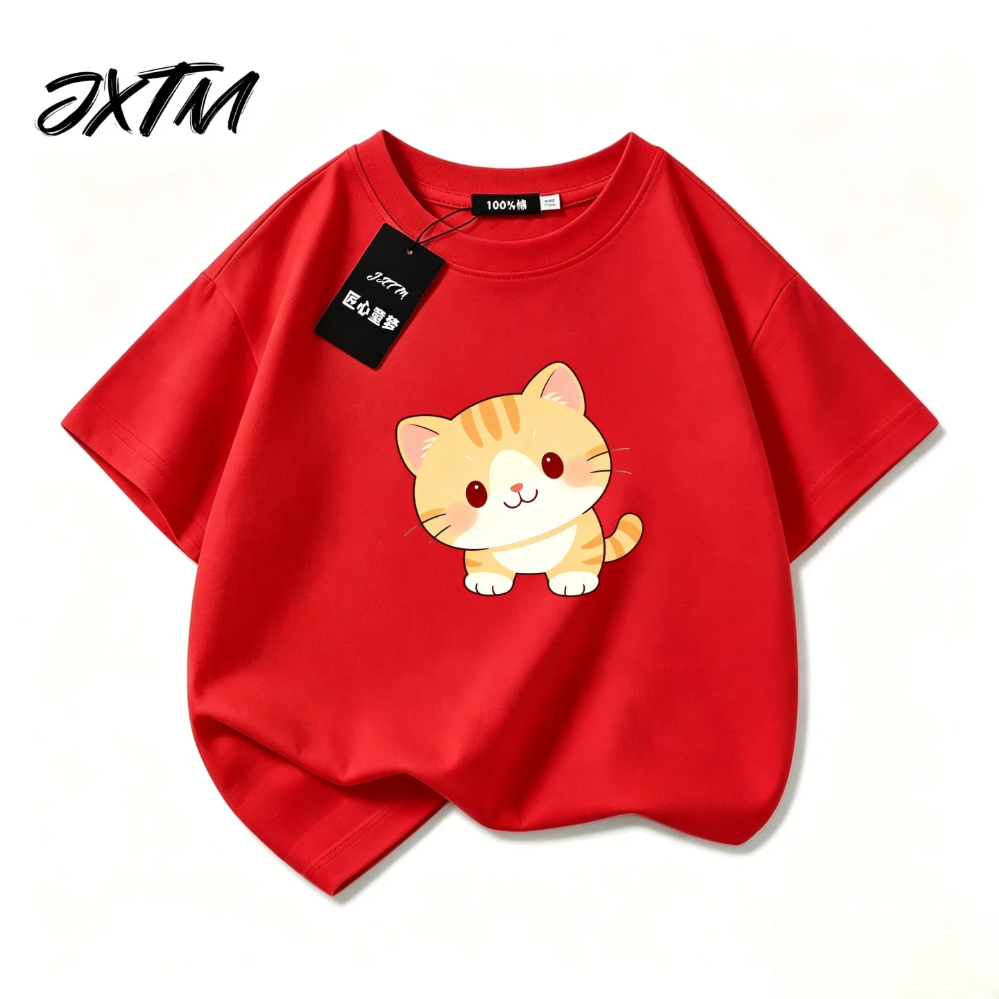 Cute Cartoon Cat Short Sleeved T-shirt for Children Cotton Top for Parent-child Summer Super Beautiful Cat Children's Clothing