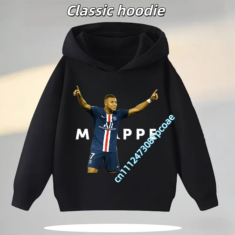 Mbappé children's hooded sweatshirt, boy's sports shirt, casual top, football star cartoon print, long-sleeved, autumn-winter