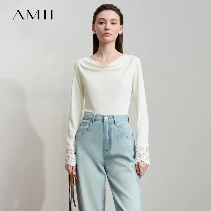 AMII Minimalist Women's Long Sleeve T-Shirt 2025 Autumn Simple Solid Asymmetric Drape Neck Lace Cuffs Tops Casual Tees 12543076