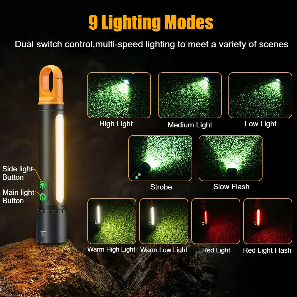 9 Modes LED Flashlight Powerful Zoom Camping Lantren Aluminum Alloy Torch Tactical Outdoor Light with Hooks USB Rechargeable