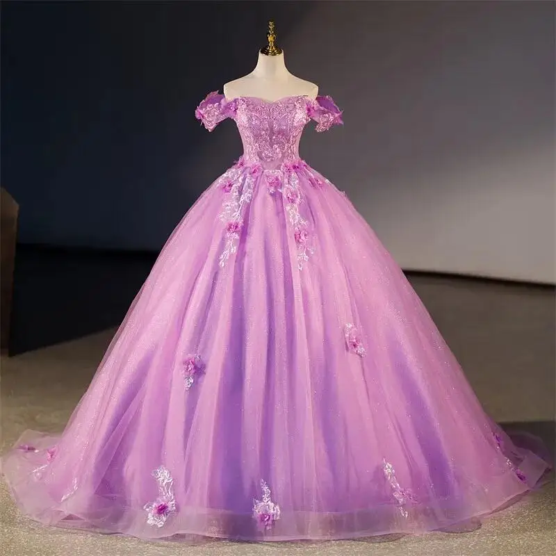 

New Purple Quinceanera Dresses With Train Off the Shoulder Flower Boho Party Gowns Shinny Tulle Ball Gown Luxury Lace Vestidos