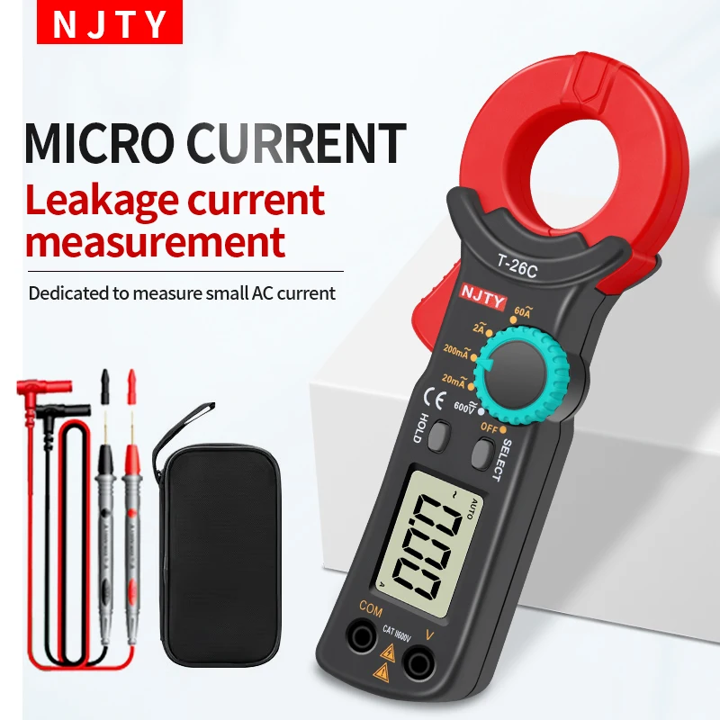 NJTY T-26C DC AC 0.1mA High Precision Digital Clamp Meter Professional Leakage Current Test 20mA~60A Leakage Detection Auto Rang