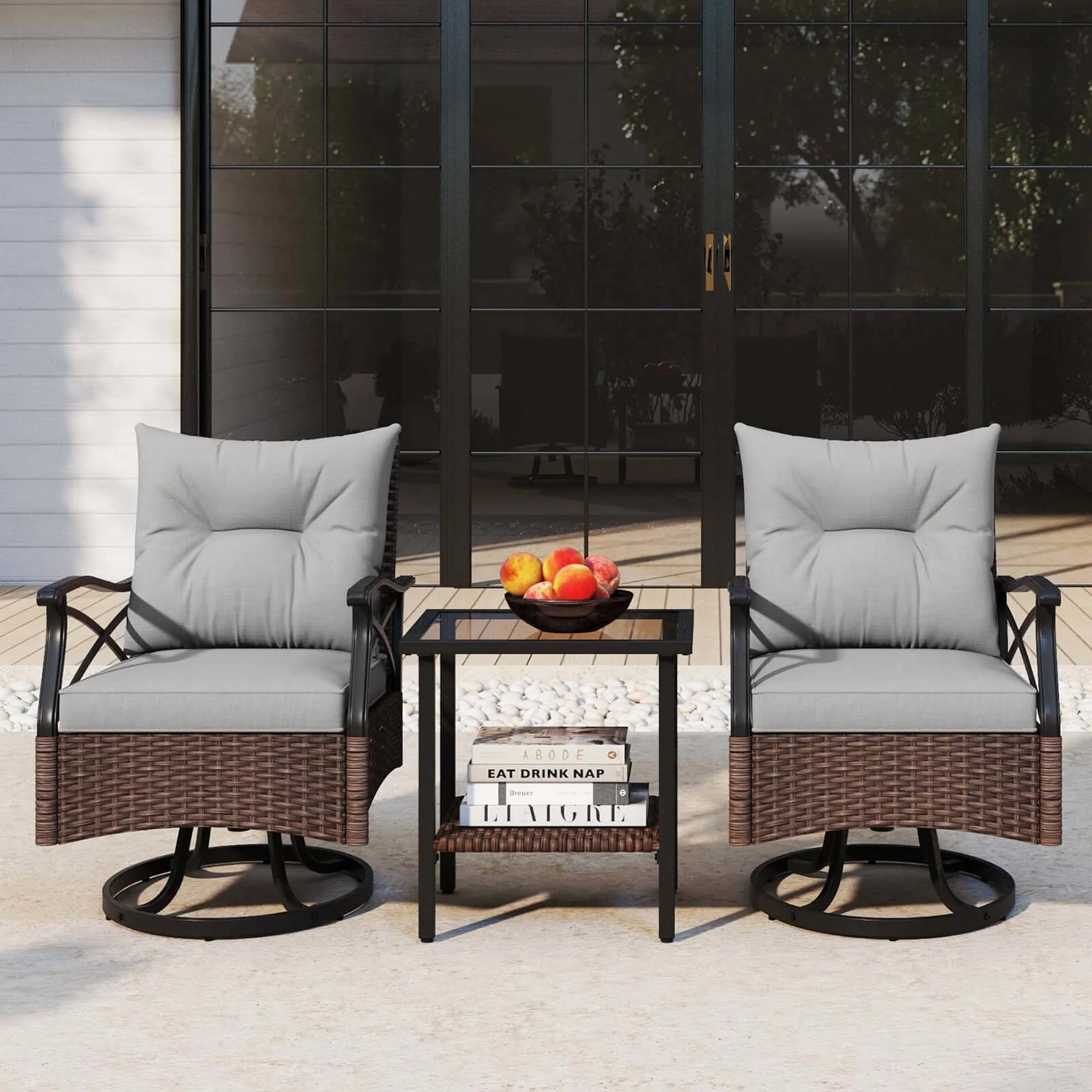 3 PCS Patio Swivel Rocker Set with 2-Tier Coffee Table & Cozy Seat Back Cushions