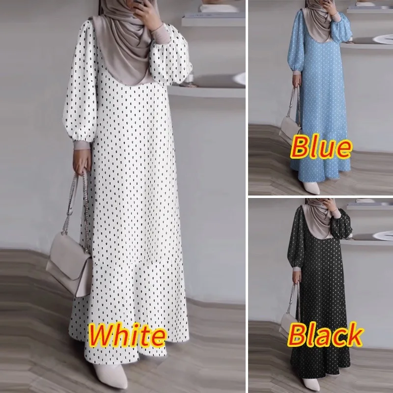 

Исламская одежда в горошек Baju Kurung с свободным воротником и принтом, большой размер, Ближневосточное малайское индонезийское мусульманское платье Абая, кафтан, халат