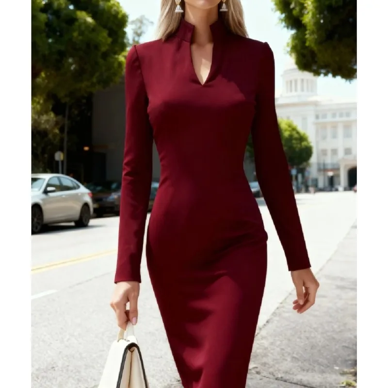 Sukienki midi bodycon dla kobiet, modne na jesień 2025, z długim rękawem, kopertowe, podkreślające biodra, jednokolorowe, wyszczuplające sukienki na imprezę, eleganckie vestidos.