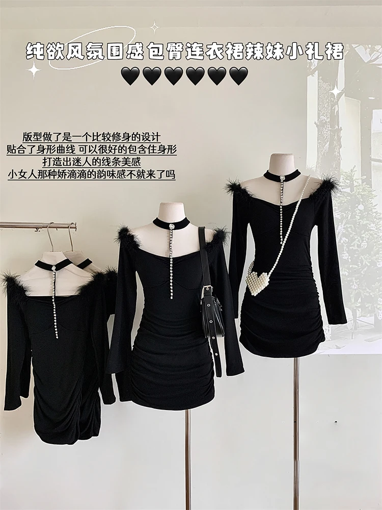 

Женское облегающее платье с открытыми плечами, облегающее зимнее черное платье с длинным рукавом и воротником-халтером со стразами, шикарный дизайн