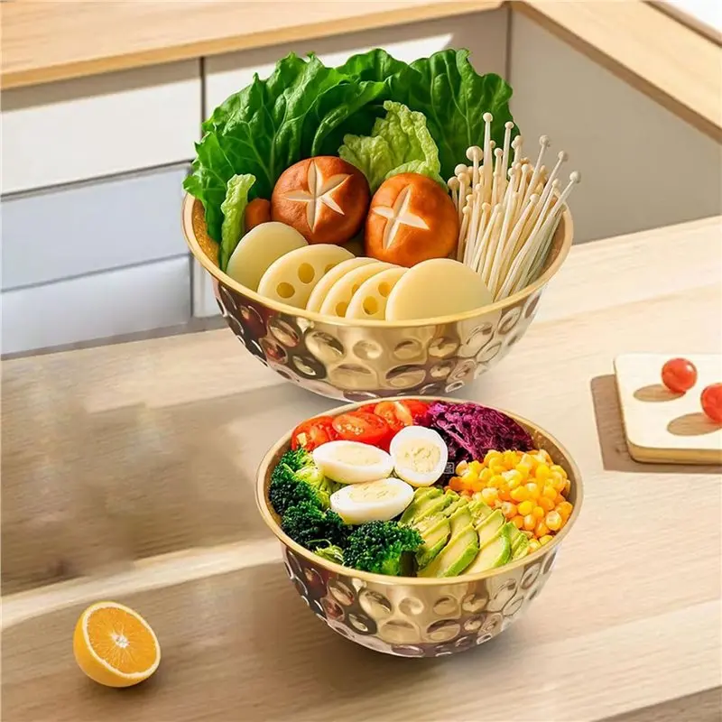 B62B 5-Piece Stainless Steel Mixing Bowls Set, Metal Hammered Gold Nesting Design Bowls for Kitchen Cooking, Dishwasher Safe,