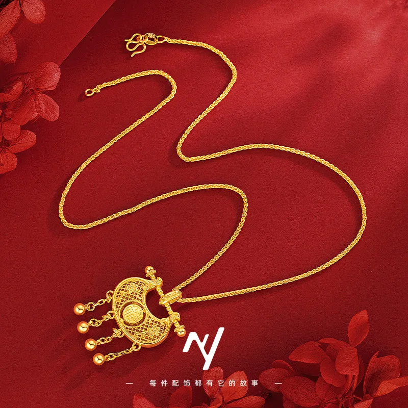 New Chinese Style 9999 24K Real Gold Hollow Filigree Auspicious Blessing Character Rotatable Lock Bag Pendant Clavicle Necklace