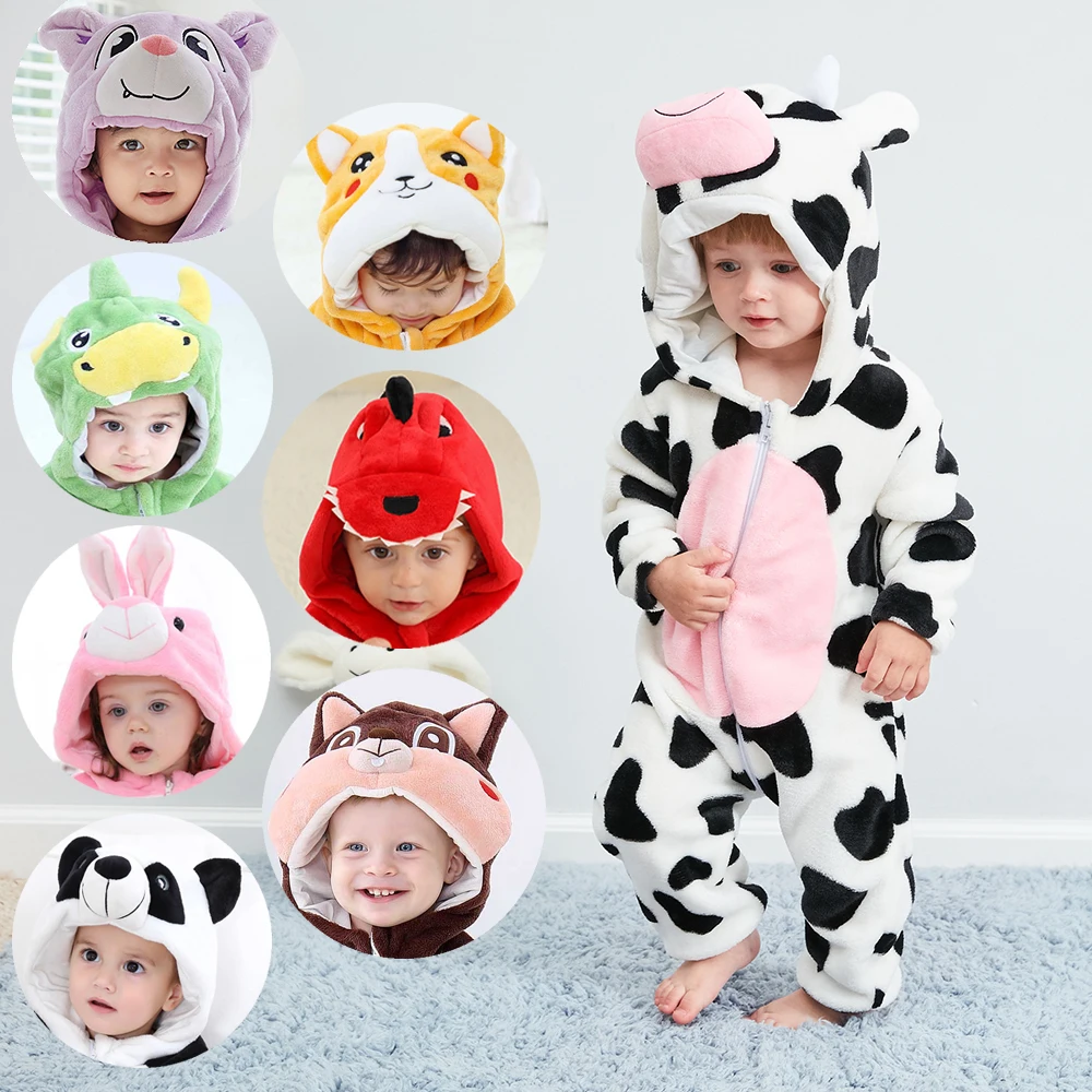 0‑4T Baby Animal Cosplay Kigurumi Onesie Soft Flannel Hooded Jumpsuit Toddler Warm Home Sleepwear Halloween Party Costume Pajama