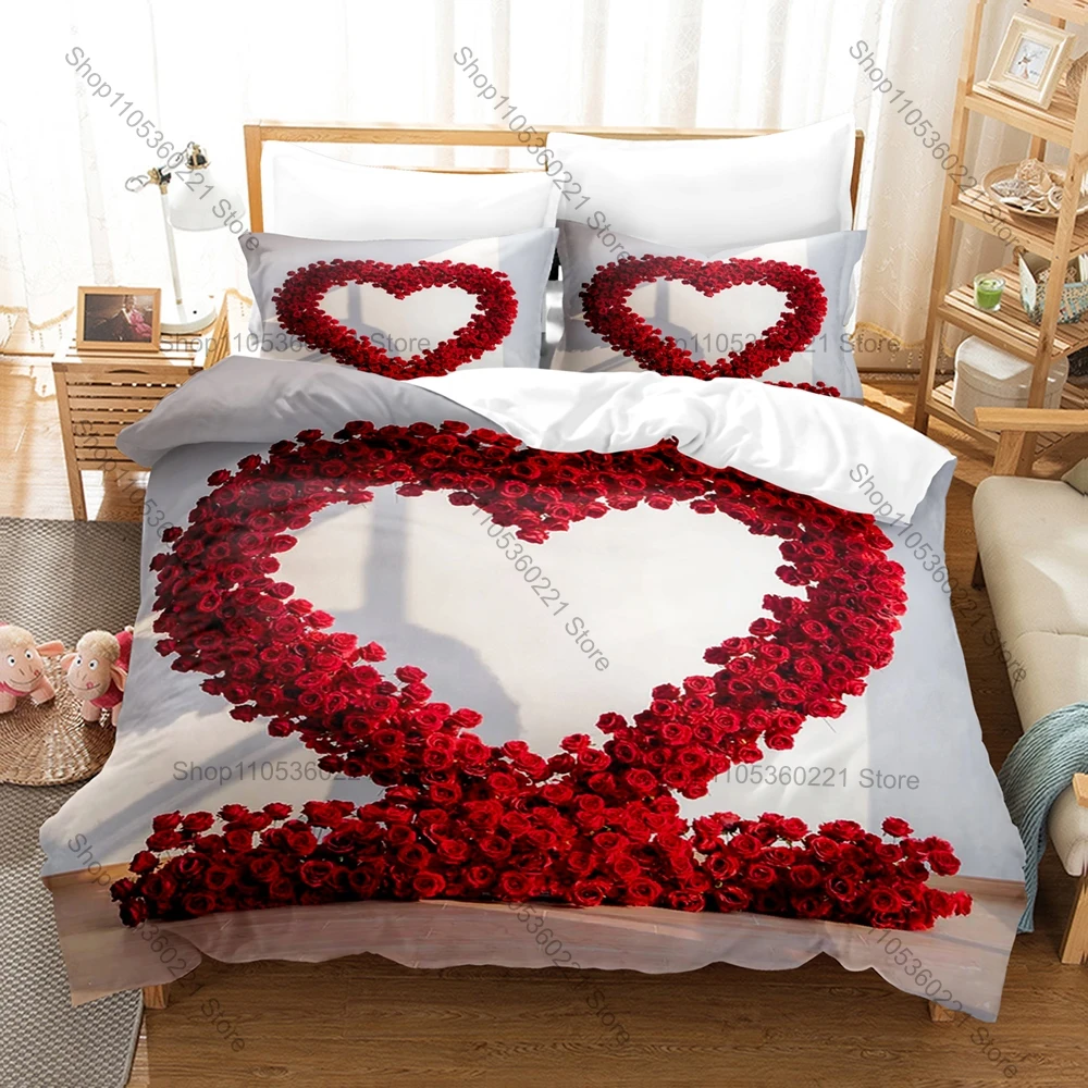 Kawaii Red Rose Love Three Piece Bedding Set Luxury Comforter Set with Queen King Size Cool Two household goods Anime autumn 5