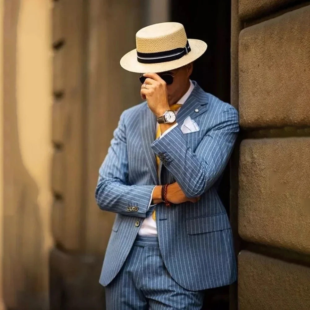 

Elegant Pinstripe Men's Suits Blazer High Quality Single Breasted Notch Lapel Slim Fit 2 Piece Jacket Pants Trip Outfits Terno