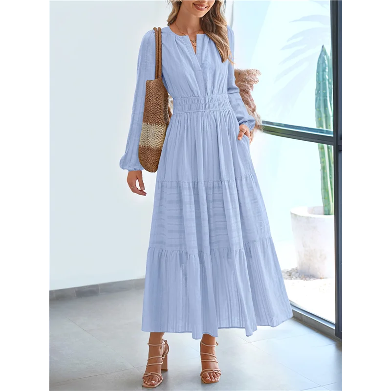 ABRT-女性用秋カジュアル長袖Vネックゴムウエスト軽量マキシ丈ウェディングゲストドレスポケット付き