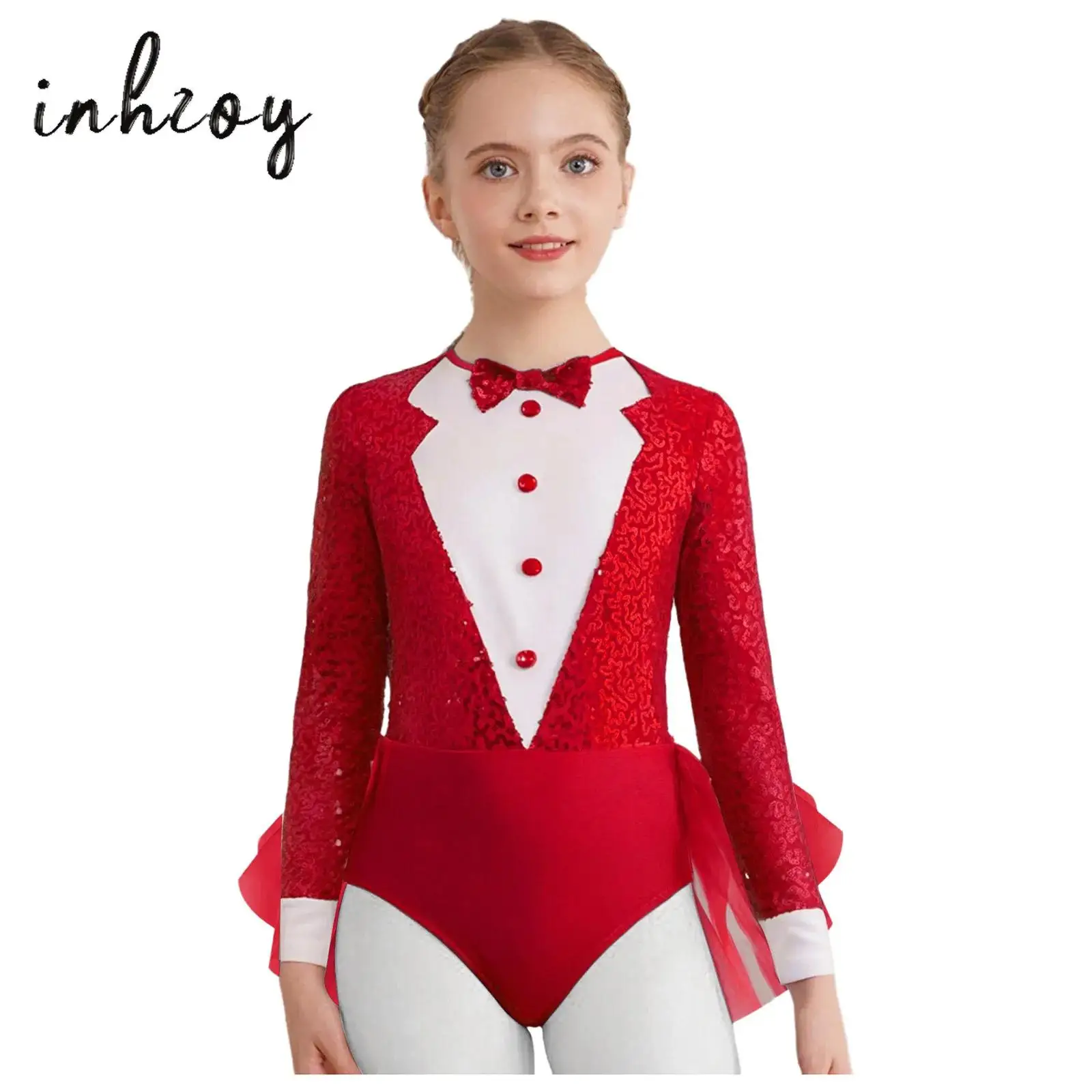 

Kids Girls Latin Jazz Dance Bodysuit Long Sleeve Color Block Sparkly Sequins Bodice Tulle Skirted Leotard Disco Dance Costume