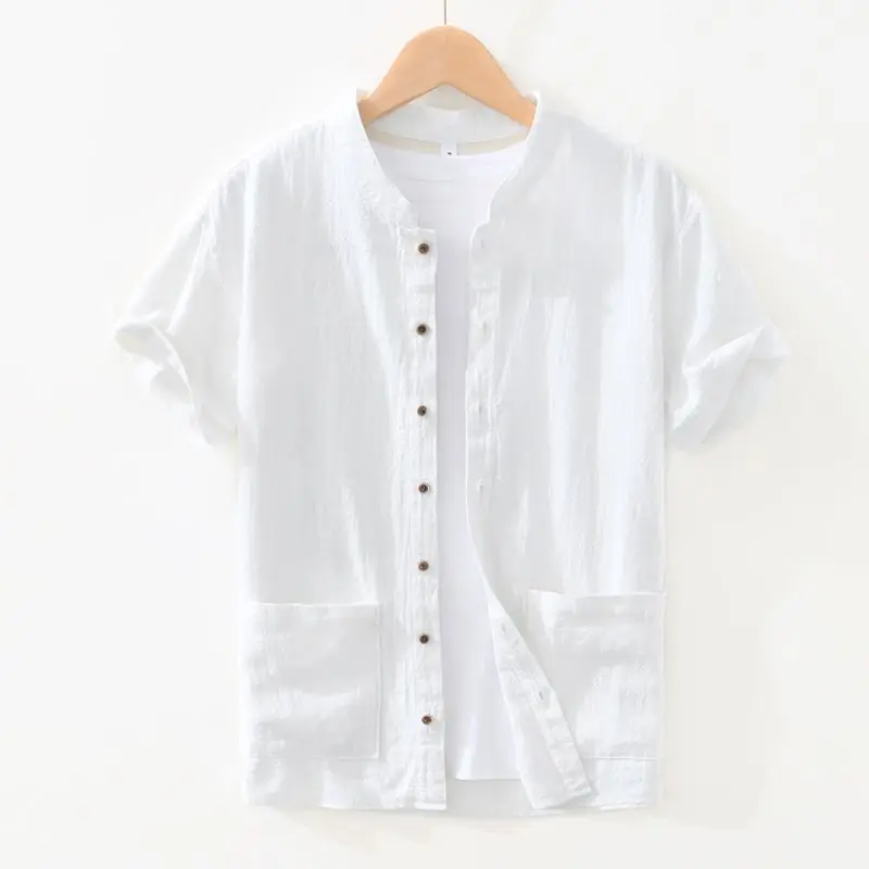 Summer Retro Men Short-sleeved Thin Multi-pocket Loose Solid Color Stand Collar Wear Casual Shirt
