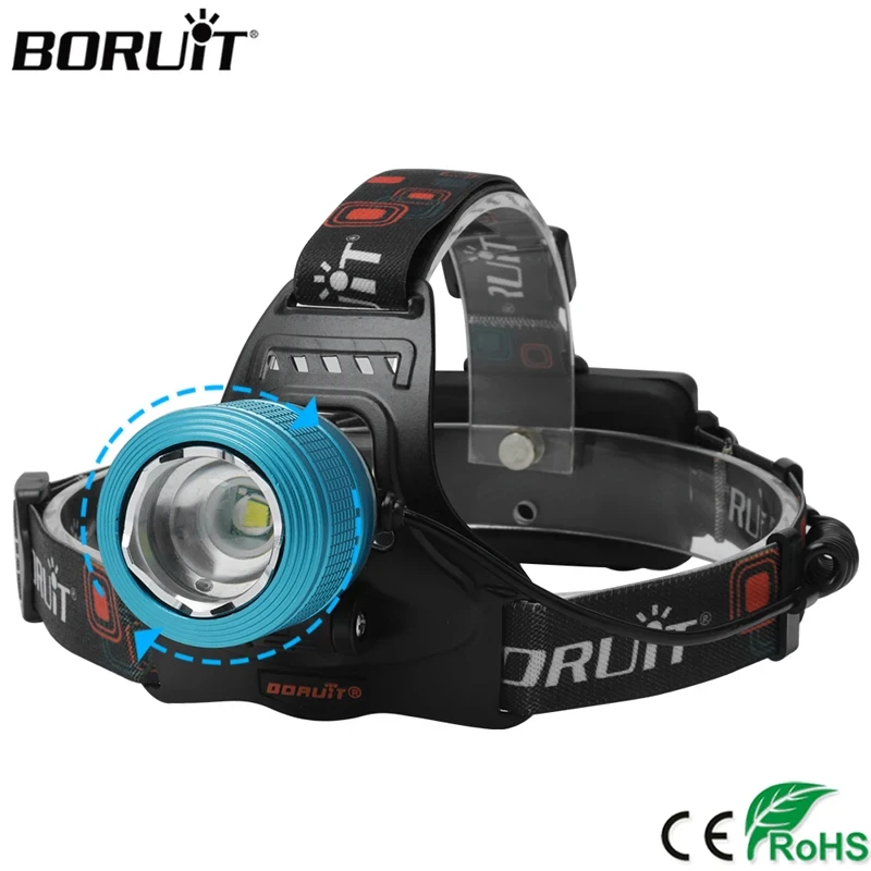 BORUiT RJ-2800 LED Headlight 2000LM  Rotatable Focus Headlight USB Rechargeable 18650 Battery Head Torch for Camping Fishing