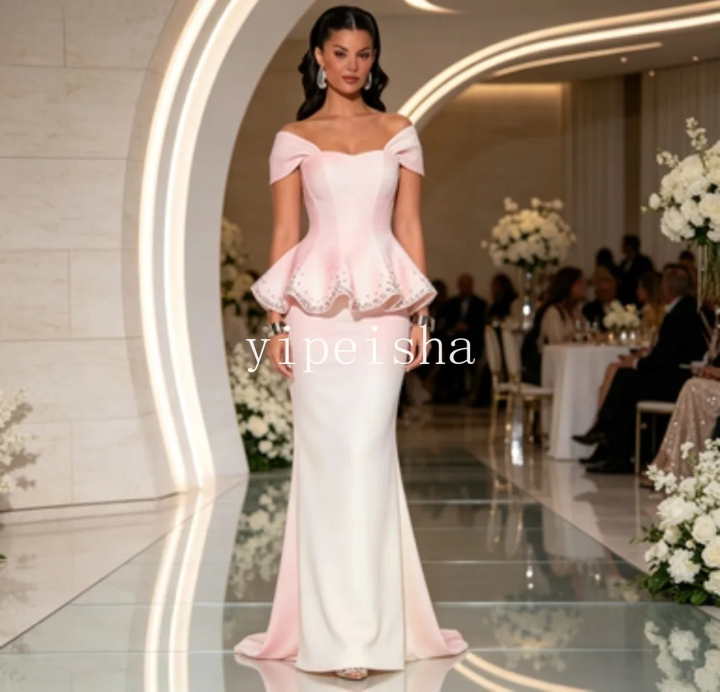 Customized Women Off Shoulder Mermaid Evening Dress Satin Gradient Color Peplum Formal Gown Rhinestone Trim Long Prom Sweep Gown