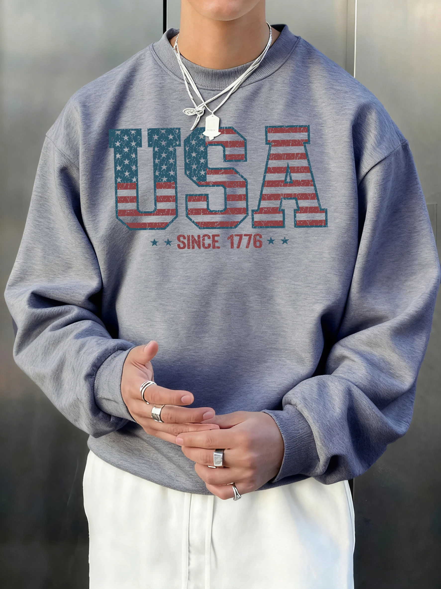 

Мужская толстовка Creative USA Since 1776 с принтом, модный флисовый теплый пуловер, молодежная повседневная свободная одежда с длинными рукавами, базовая модель
