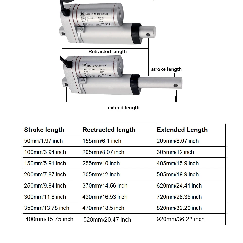 DC 12V 750N Linear Actuator 50mm 100mm 150mm 200mm 250mm Stroke Linear Drive Electric Motor Linear Motor Controller 10mm/s Speed