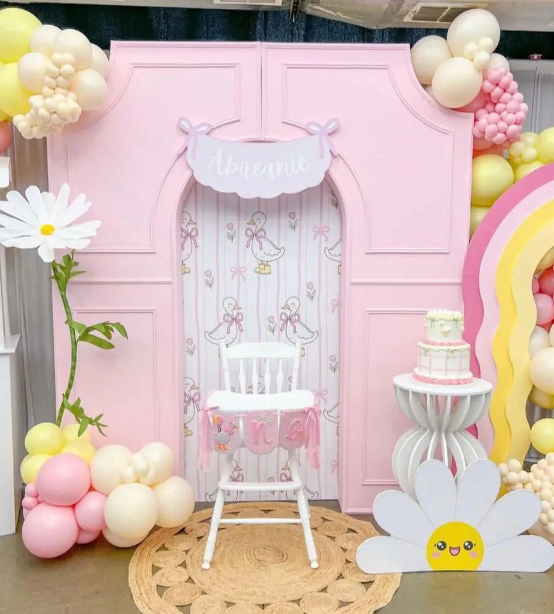 One Silly Goose Arch Backdrop Cover Custom 2-sided Pink Plaids Sweet Girl DIY Age Text Birthday Party Flowers Bow Background