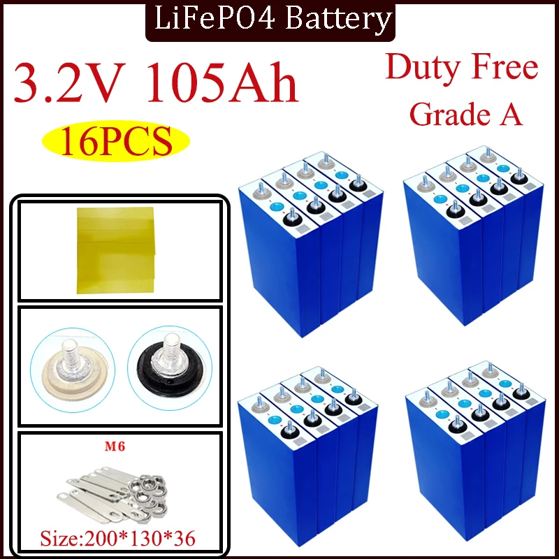 

16PCS 3.2V 105Ah LiFePO4 battery pack Lithium iron phospha DIY 12V 24V 48V RV Motorcycle Electric Car travel Solar Batteries