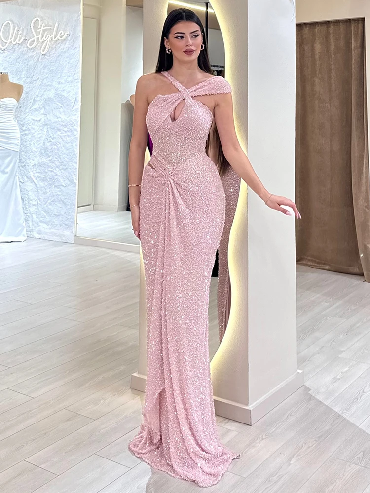 Elegante rosa Pailletten-Abendkleider mit Ausschnitten – One-Shoulder-Kreuzträger-Formelles Kleid für Damen 2025, neu, Vestido De Noite