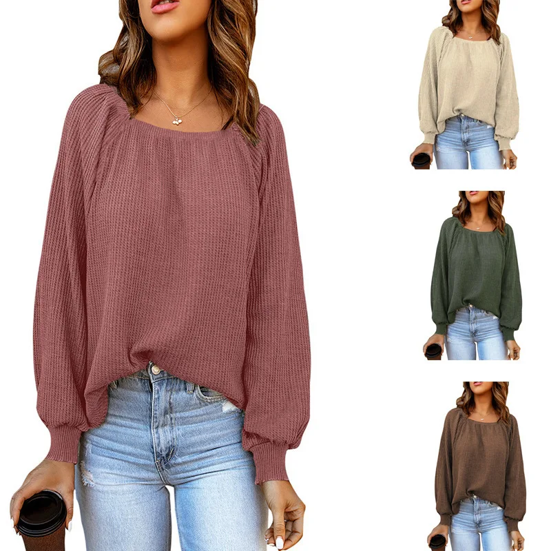 New Women Solid Color Square Neck Loose Casual Sweater Tops for Women