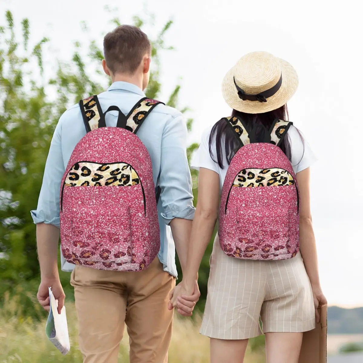 Bubble Gum Pink Faux Glitter Leopard Animal Print Backpack School Bag Hiking Travel Daypack for Men Women Bookbag Shoulder Bags
