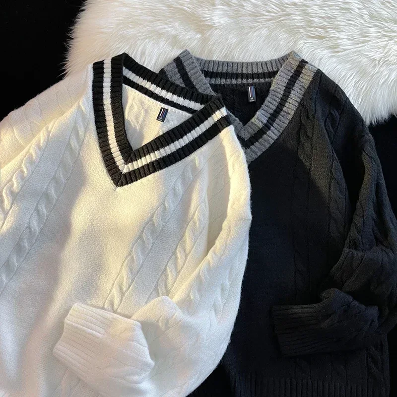 

Autumn Winter Men Fashion Versatile Stripes Knitting Pullover Home Wear Men V-neck Comfortable Versatile Warm Pullover Sweater