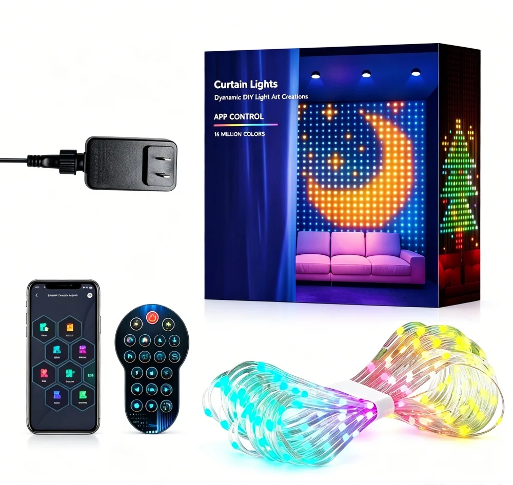2*2M/3*3M LED RGB Smart Curtain Lights With Music App Controls and Remote LED Party Lights For Wedding/Valentine's Day/Birthday