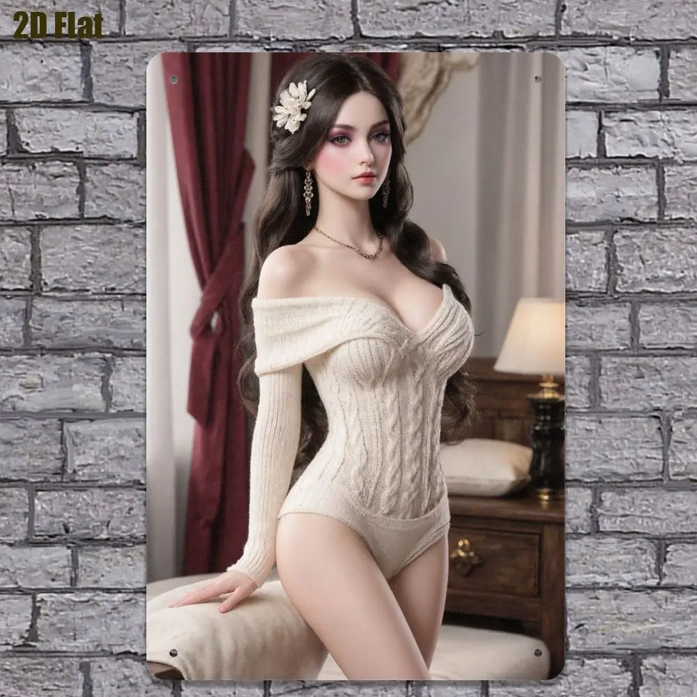 Metal Wall Decor Retro 2D Flat Iron Sign - Elegant Wave-Hair Woman Shoulder-Dress White Floral - Home Office Bar Cafe Art Pla