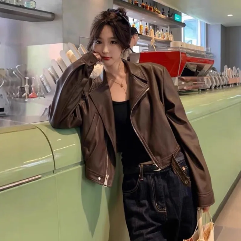 

Pu Leather Jacket Women's Short 2026 Autumn Loose Long-sleeved Motorcycle Jacket Fashion Casual Coat Female Outerwear