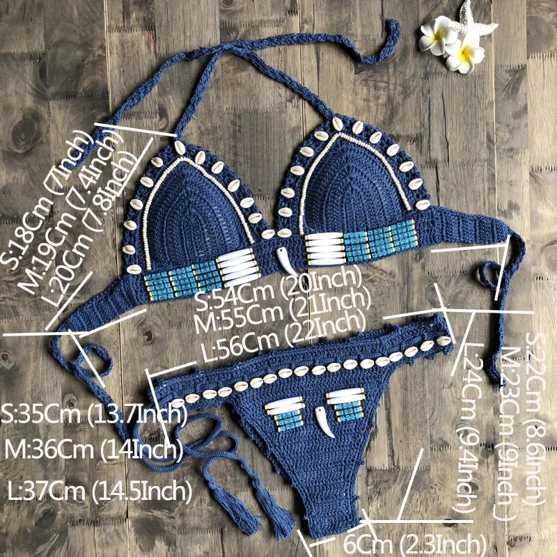 Conjunto de bikini con cuentas de concha azul para mujer, bañador de ganchillo hecho a mano, traje de baño de realce, ropa de playa de punto, traje