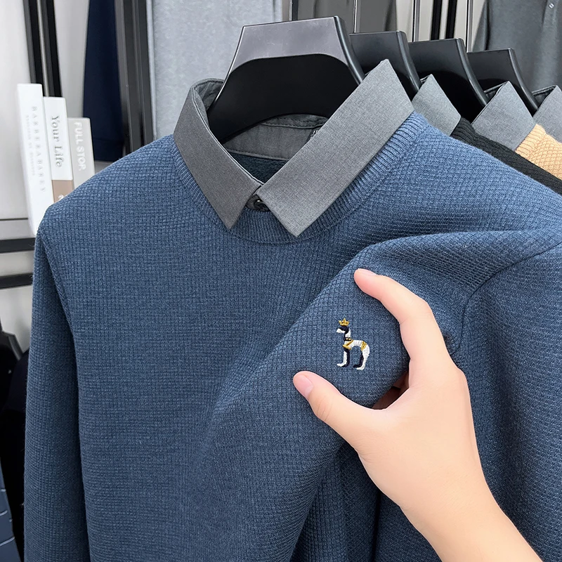 Men's New Knitwear Sweater Pile Knit Turn-Down Collar Embroidery Long Sleeve Pullover Autumn Winter Fashion Warmth Men Clothing