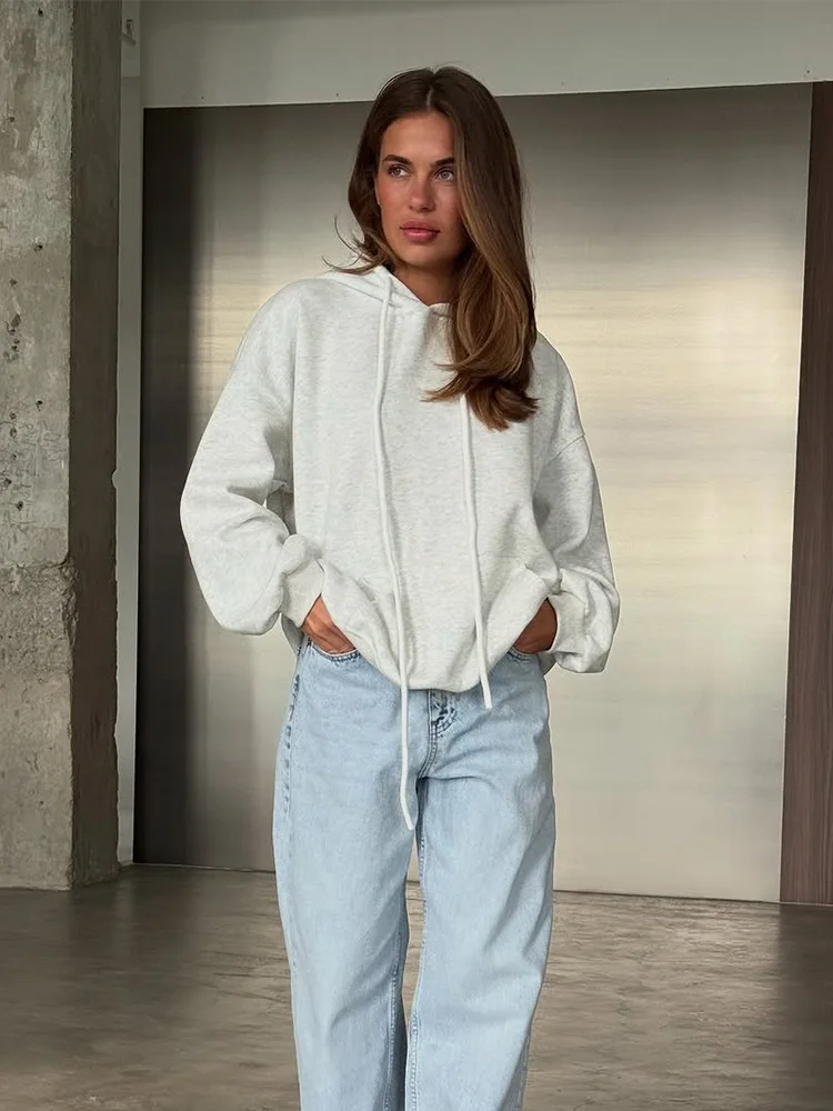 Felpa con cappuccio a maniche lunghe tinta unita casual alla moda da donna autunno nuovo stile semplice versatile top confortevole