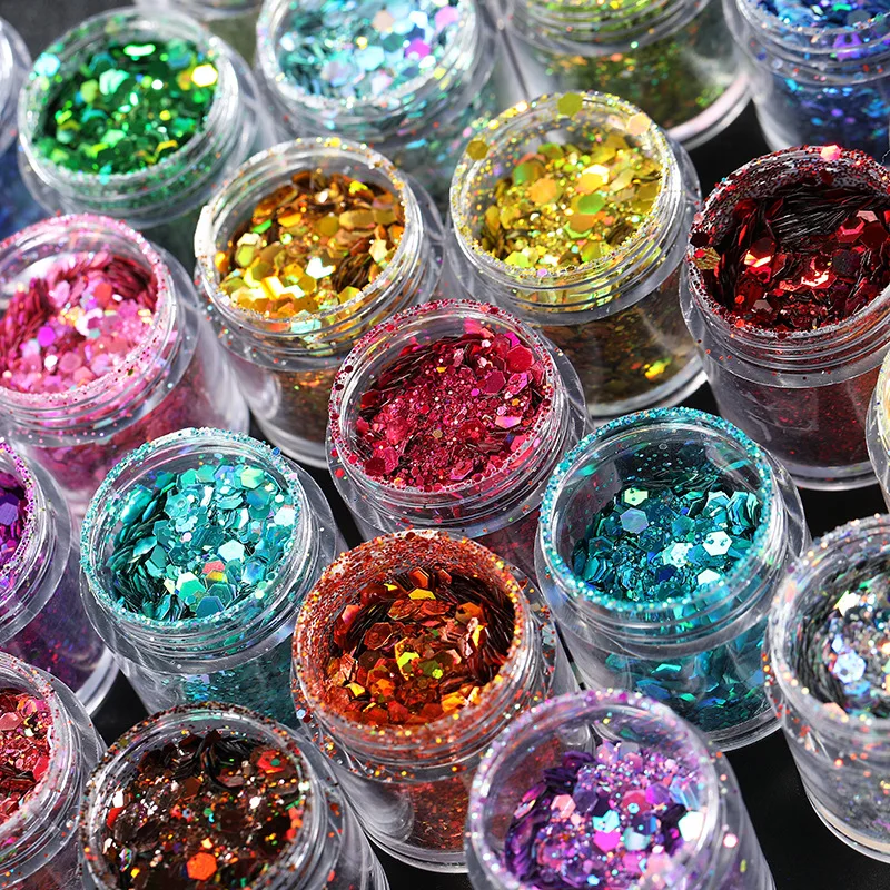 8g Holographic Laser Nail Art Glitter Flakes Mix-Hexagon Nail Decoration Loose Reflective Mermaid Chunky Sequins Makeup Powder