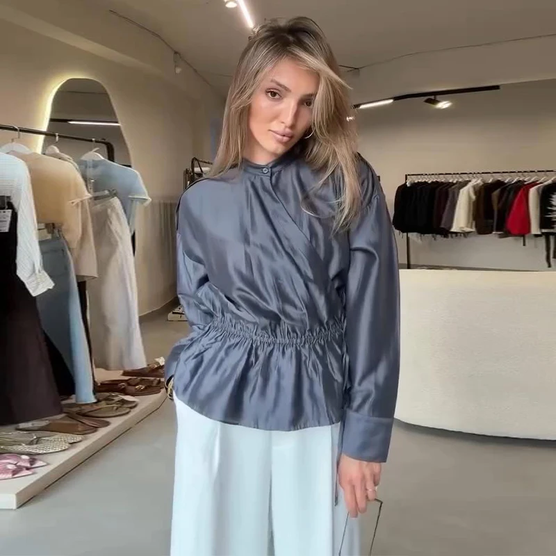 Damen Oversize-Bluse Langarm mit seitlicher Knopfleiste und Kordelzug in der Taille, plissiertes Hemd, modische Büro- und Party-Oberteile, einfarbig, locker geschnitten – Detail 11