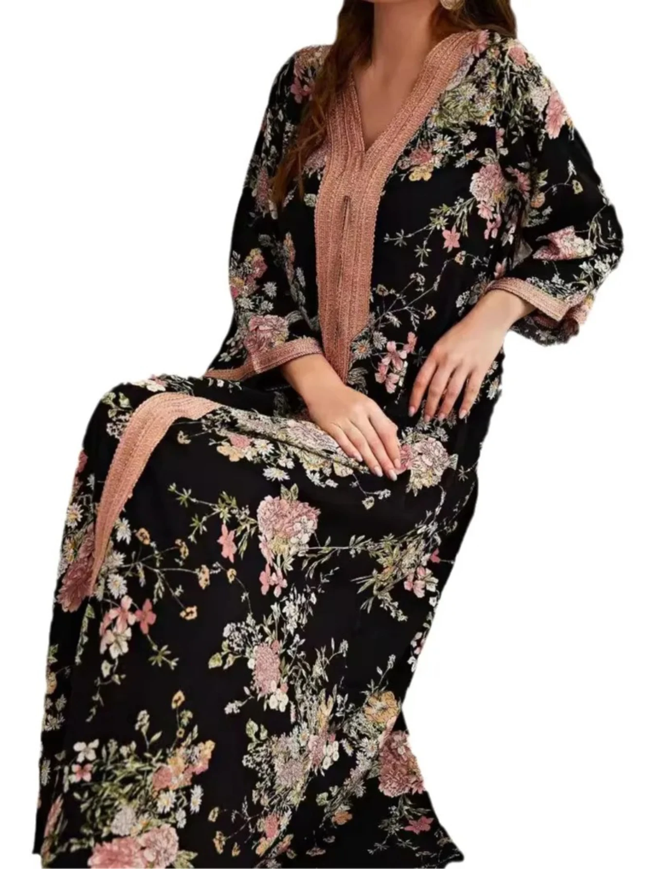 Abaya Blumendruck Muslimische Kleider Eid Frauen 2025, Dubai, Arabisch, lange Robe, Ramadan, Marokko, Kaftan, Partykleid, Vestidos Largos